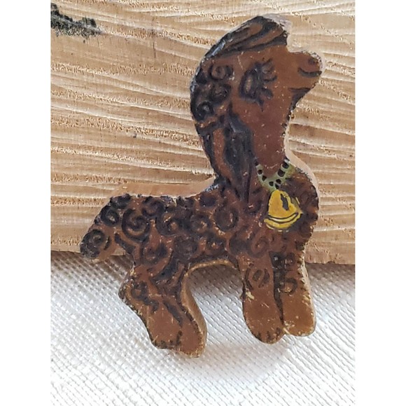 Vintage Unsigned Hand Burned, Hand Painted Wood Lamb Pin, Standing Sheep, Bell - Picture 1 of 9
